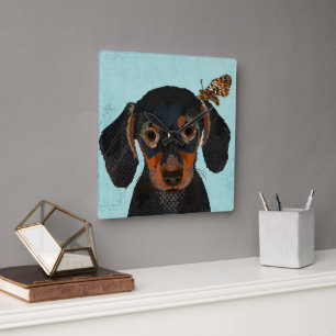 RELÓGIO QUADRADO DACHSHUND E BUTTERFLY