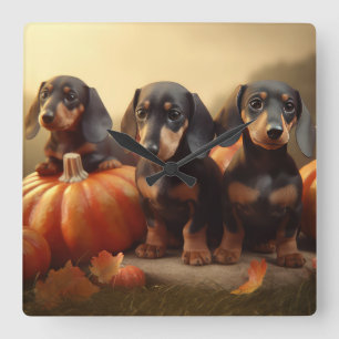 Relógio Quadrado Dachshund Puppy Autumn Delight Pumpkin