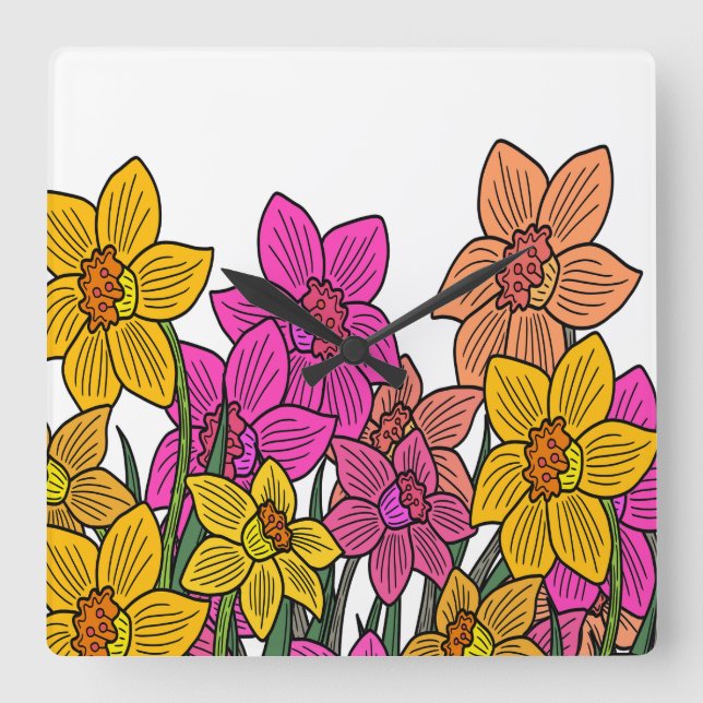 Relógio Quadrado Daffodils Coloridos Flores Design (Frente)