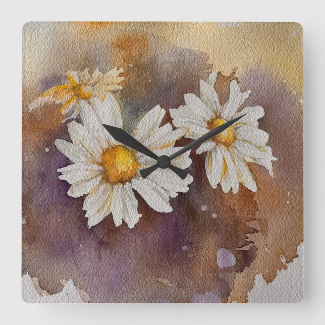 Relógio Quadrado Daisies na névoa Watercolor (Frente)
