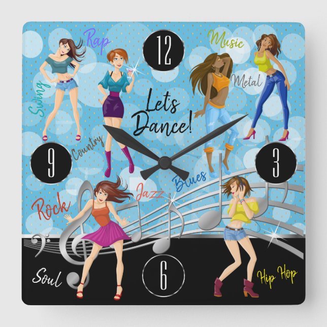 Relógio Quadrado Dance All Night Music Girl Design (Frente)