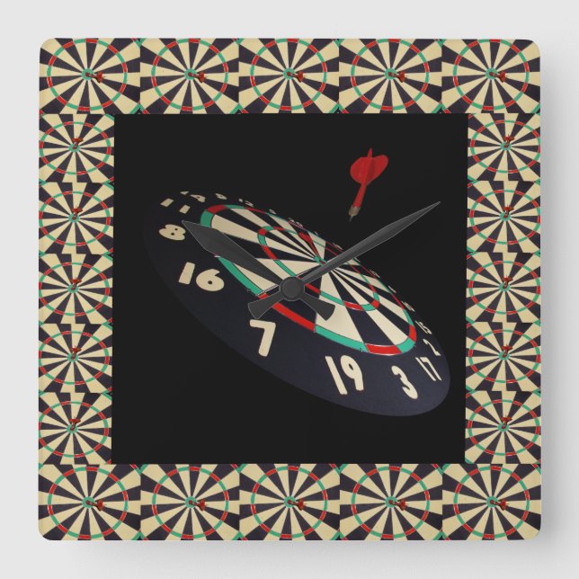 Relógio Quadrado Dardos Atingindo O Quadro Escuro, (Frente)