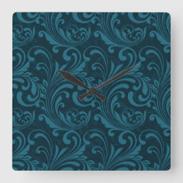 Relógio Quadrado Dark teal floral damask pattern