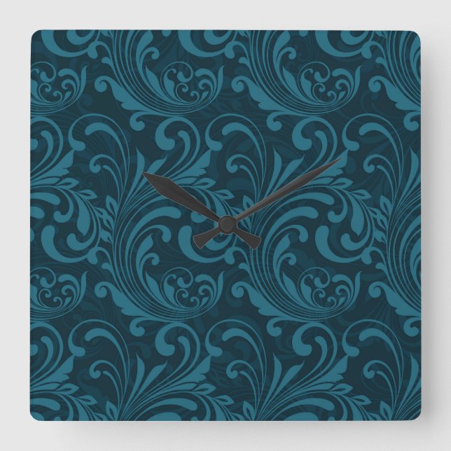 Relógio Quadrado Dark teal floral damask pattern (Frente)