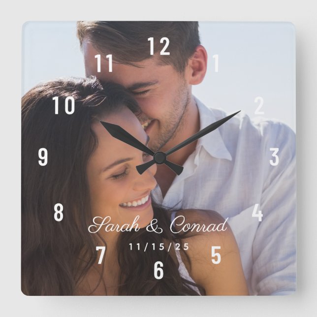 Relógio Quadrado Data de Casamento com Foto Personalizada (Frente)