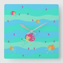 Relógio quadrado de sereias e cavalos de mar