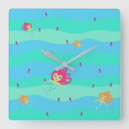 Relógio quadrado de sereias e cavalos de mar