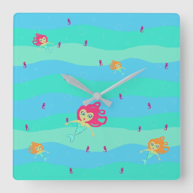 Relógio quadrado de sereias e cavalos de mar (Frente)