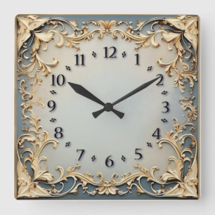 Relógio Quadrado Deco Art Azul e Dourado