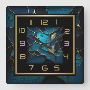 Relógio Quadrado Deco de Arte Azul e Ouro