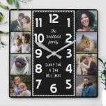 Relógio Quadrado Deco de Arte Branca e Preta de Colagem de Fotos da<br><div class="desc">Faça seu próprio relógio personalizado de colagem de fotos com este modelo fácil. Este relógio quadrado, clássico, tem números brancos alinhados no meio em um retângulo longo estilo deco e um fundo preto comum que você pode "personalizar" para qualquer imagem ou cor que você queira. Ao longo das bordas, há...</div>