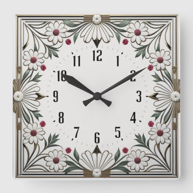 Relógio Quadrado Deco de Arte Flor (Frente)