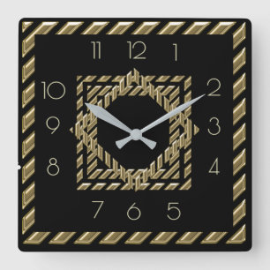 Relógio Quadrado Deco de Arte Negra e Ouro
