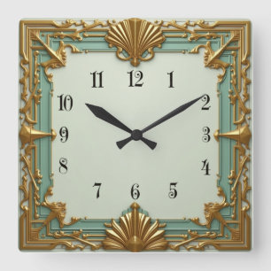 Relógio Quadrado Deco Mint e Ouro