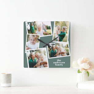 Relógio Quadrado Decor doméstico da família multifoto verde moderna