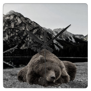 Relógio Quadrado Decoração de Cabana Rústica do Urso Adormecido