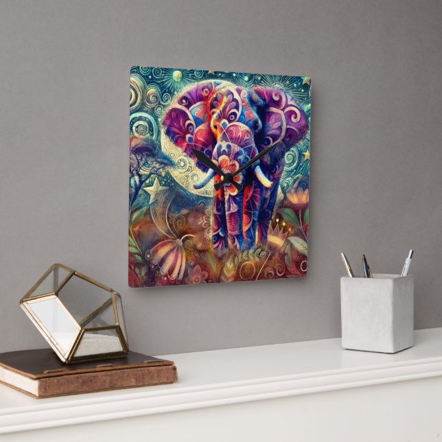Relógio Quadrado Decoração de céu noturno com elefante celestial ca (Escritório)