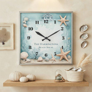 Relógio Quadrado Decoração de estrela-do-mar com nome da família Ca