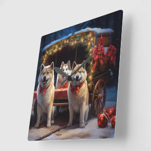 Relógio Quadrado Decoração de Natal Akita Trineve Sleigh Ride