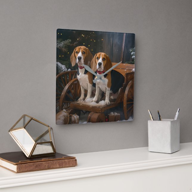 Relógio Quadrado Decoração de Natal Beagle Snowy Sleigh  (Escritório)