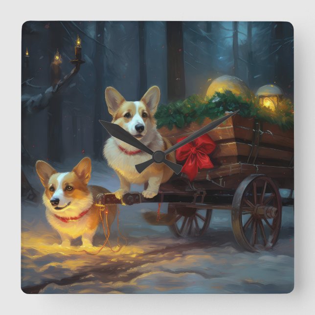 Relógio Quadrado Decoração de Natal de Corgi Snowy Sleigh (Frente)