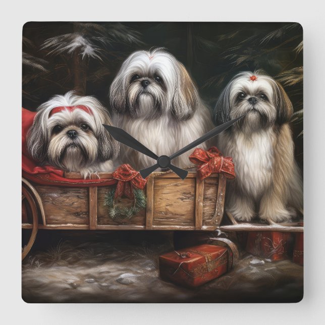 Relógio Quadrado Decoração de Natal de Lhasa Apso Snowy Sleigh (Frente)