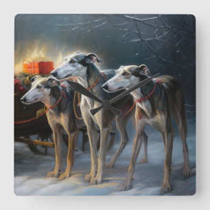 Relógio Quadrado Decoração de Natal Greyhound Snowy Sleigh