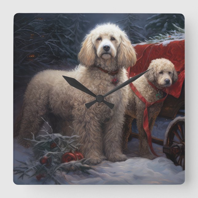 Relógio Quadrado Decoração de Natal Poodle Snowy Sleigh (Frente)