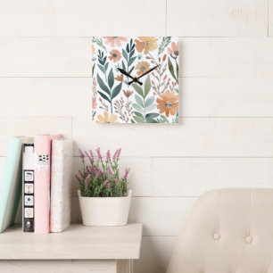Relógio Quadrado Decoração do Pastel Floral de Boho Watercolor