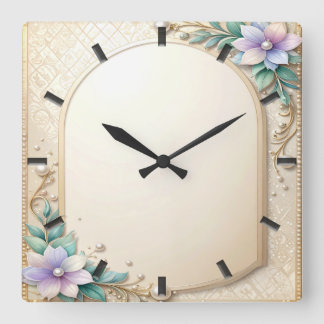 Relógio Quadrado Decorative Floral Frame with Pearls Wall Clock