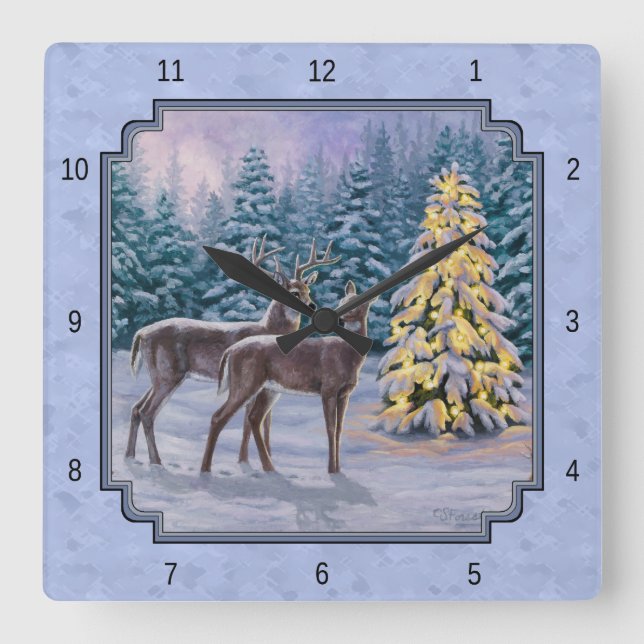 Relógio Quadrado Deer e Árvore de Natal Blue (Frente)