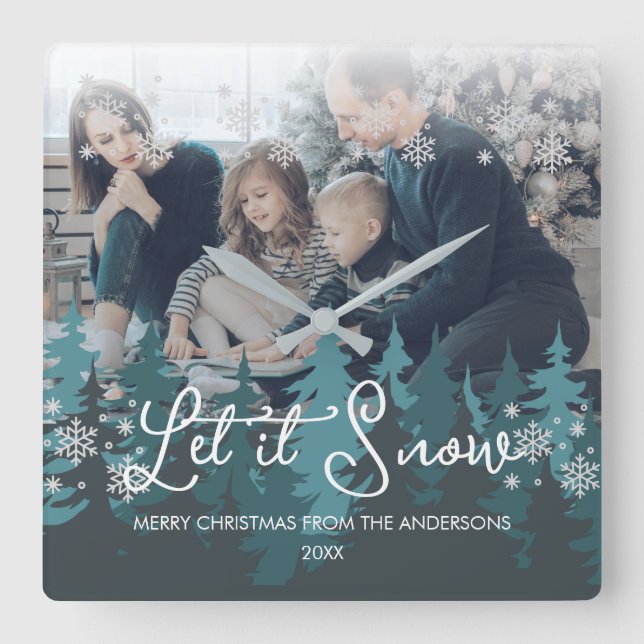 Relógio Quadrado Deixe-o nevar | Flocos de neve Foto de Natal de pi (Frente)