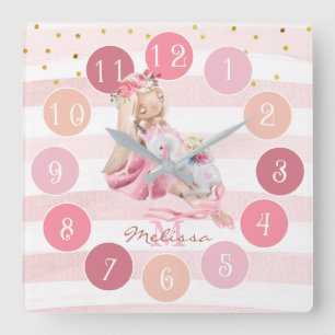 Relógio Quadrado Delicate Watercolor Ballerina e Unicorn Monograma