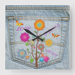 Relógio Quadrado Denim Back Pocket Flowers Peace Love Square Clock