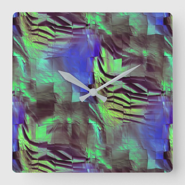 Relógio Quadrado Desenho abstrato do mosaico rústico verde e azul (Frente)