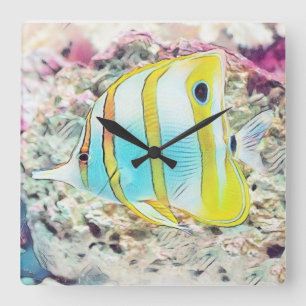 Relógio Quadrado Desenho da Vintagem de Peixes Amarelos Azuis no Ma