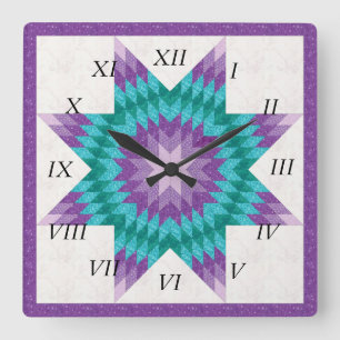 Relógio Quadrado Desenho de Colcha Lone Star Roxo