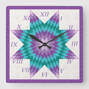 Relógio Quadrado Desenho de Colcha Lone Star Roxo e Turquesa
