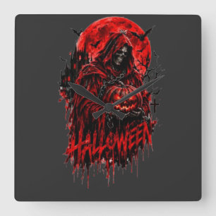 Relógio Quadrado Desenho de Halloween da Morte Abóbora Horror Gótic
