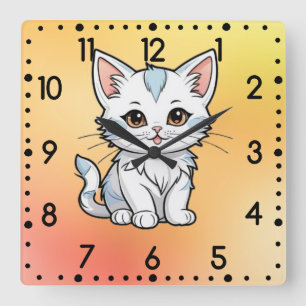 Relógio Quadrado Desenho de Linha de Desenho Animado de Gato Estili