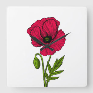 Relógio Quadrado Desenho de papoila vermelha