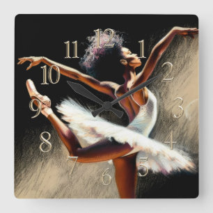 Relógio Quadrado Desenho de Pastel Dançarino Negro Ballerina