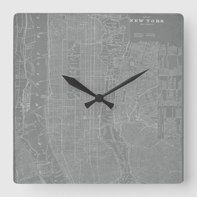 Relógio Quadrado Desenho do Mapa de Nova Iorque (Frente)