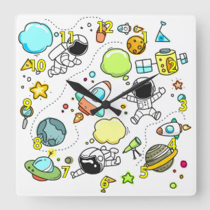 Relógio Quadrado Desenho em Segundo Plano da Cartoon Espacial Infan