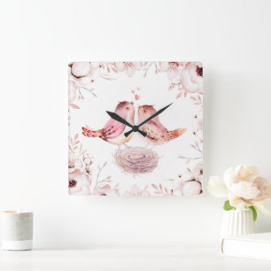 Relógio Quadrado Desenho Floral Aquarela de Pombinhos Rosa Romântic