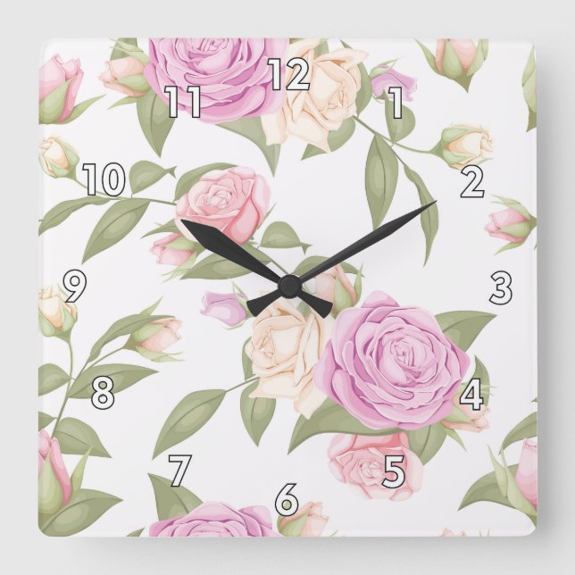 Relógio Quadrado Desenho Floral Cor-de-Rosa (Frente)