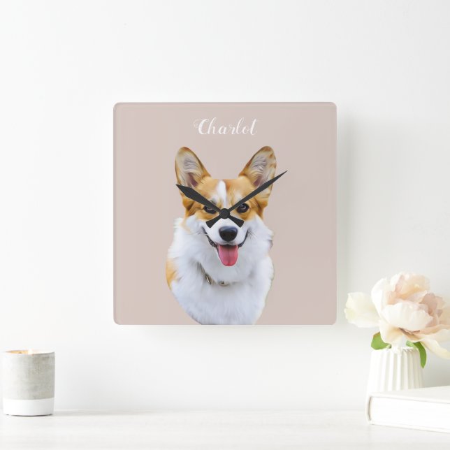 Relógio Quadrado Desenho Personalizado do Cão Galês Corgi (Lar)