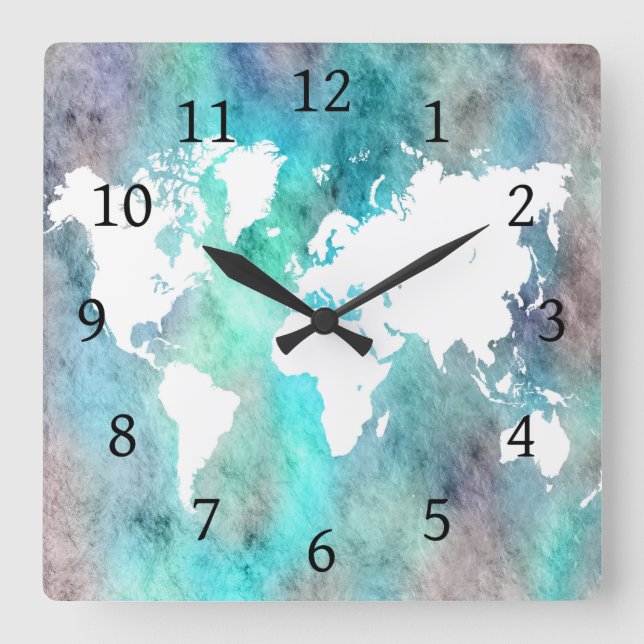 Relógio Quadrado Design 62 mapa mundial de aqua turquoise (Frente)