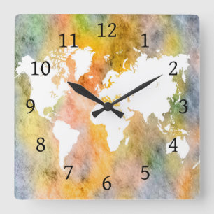 Relógio Quadrado Design 63 mapa mundial laranja
