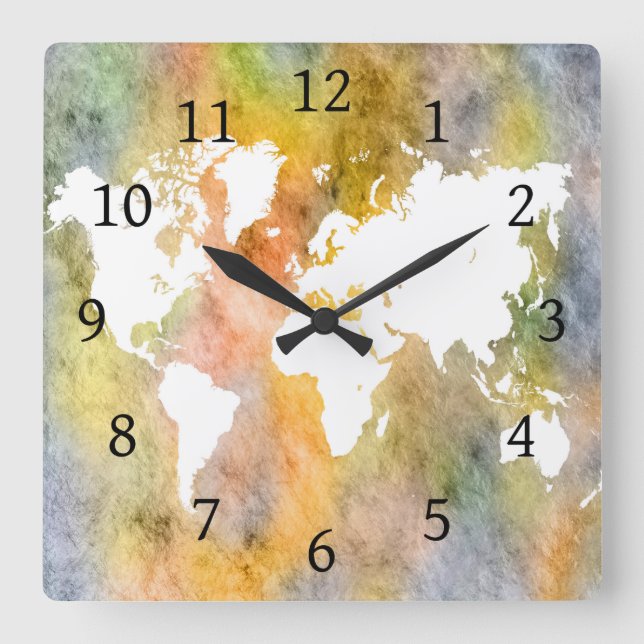 Relógio Quadrado Design 63 mapa mundial laranja (Frente)